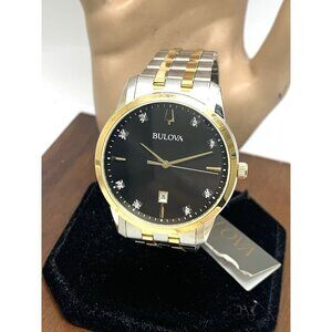 Bulova Men's Watch 98D165 Quartz Diamond Black Dial Two Tone Stainless Steel